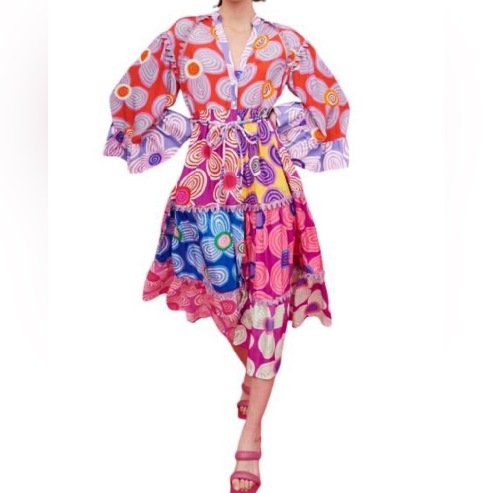 Celia B Maryann V-Neck Mixed Print Midi Dress Button Bright Whimsy Size L - Picture 2 of 16